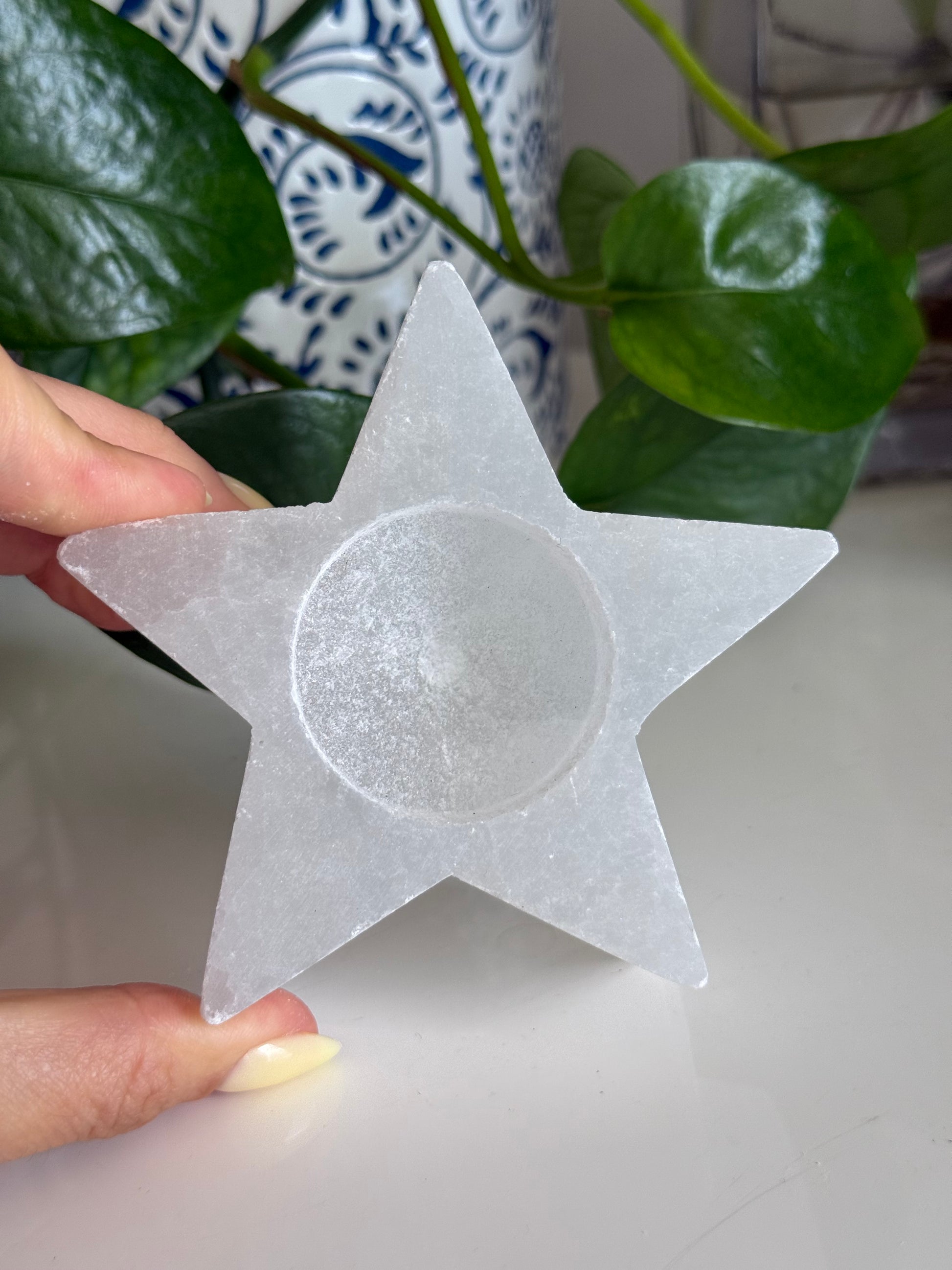 Selenite Tea Light Candle Holder Close Up – Cleansing & Calming Energy – 3 Inch – Reiki-Charged