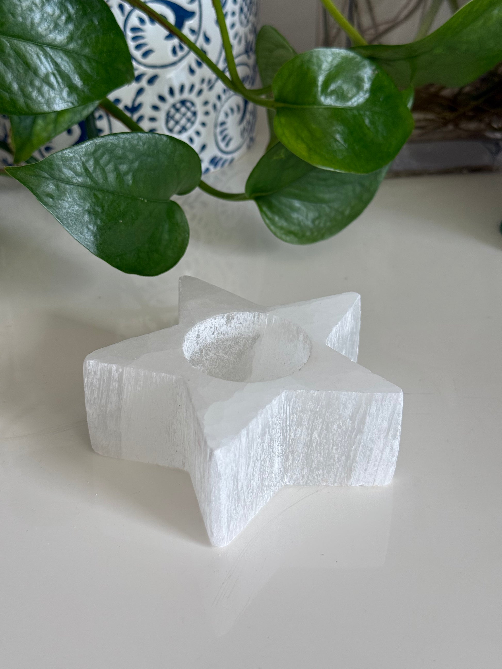 Selenite Tea Light Candle Holder Side – Cleansing & Calming Energy – 3 Inch – Reiki-Charged