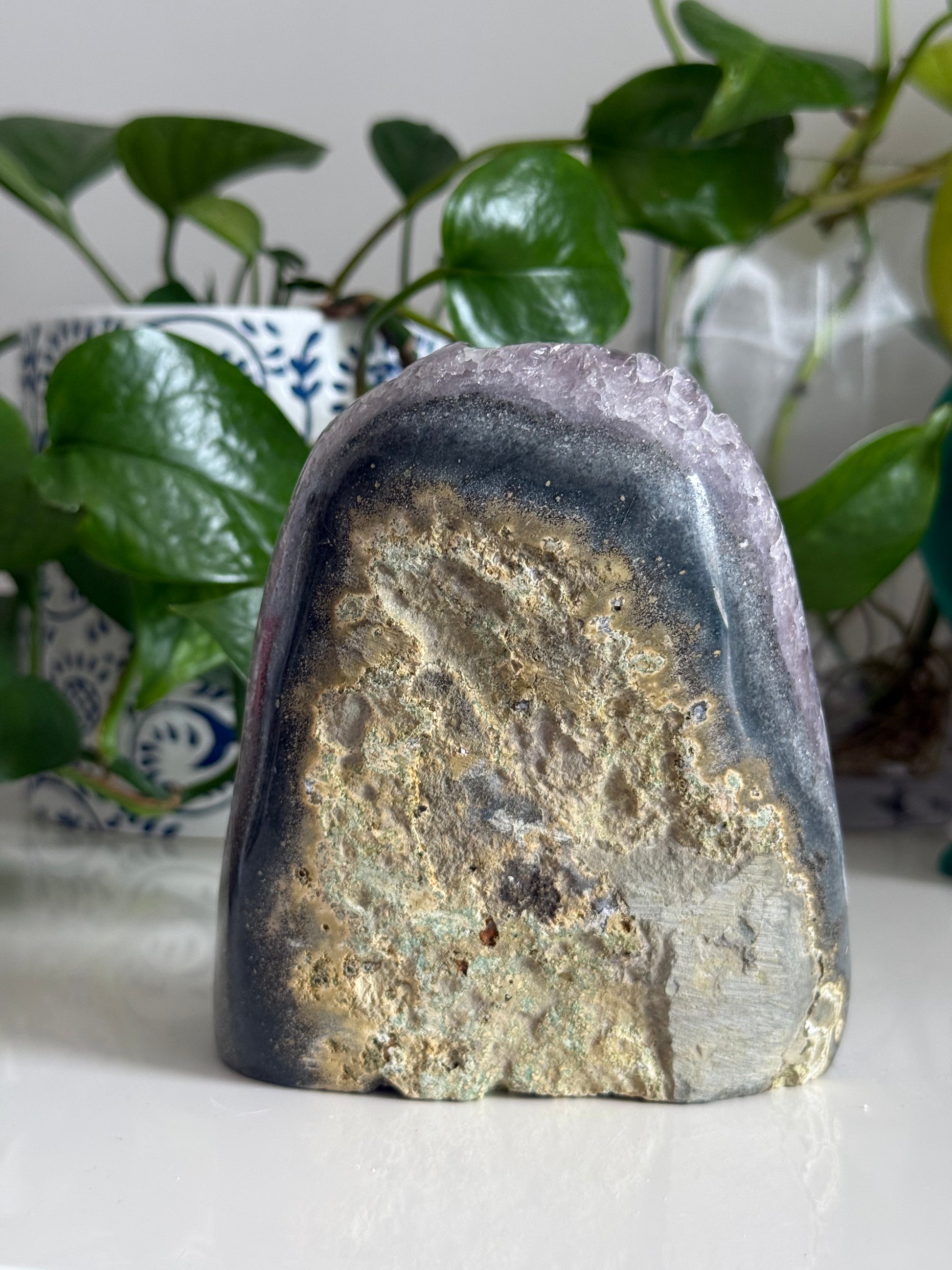 Amethyst and Calcite Cluster  Back– 5 Inch – Intuition, Peace & Reiki-Charged